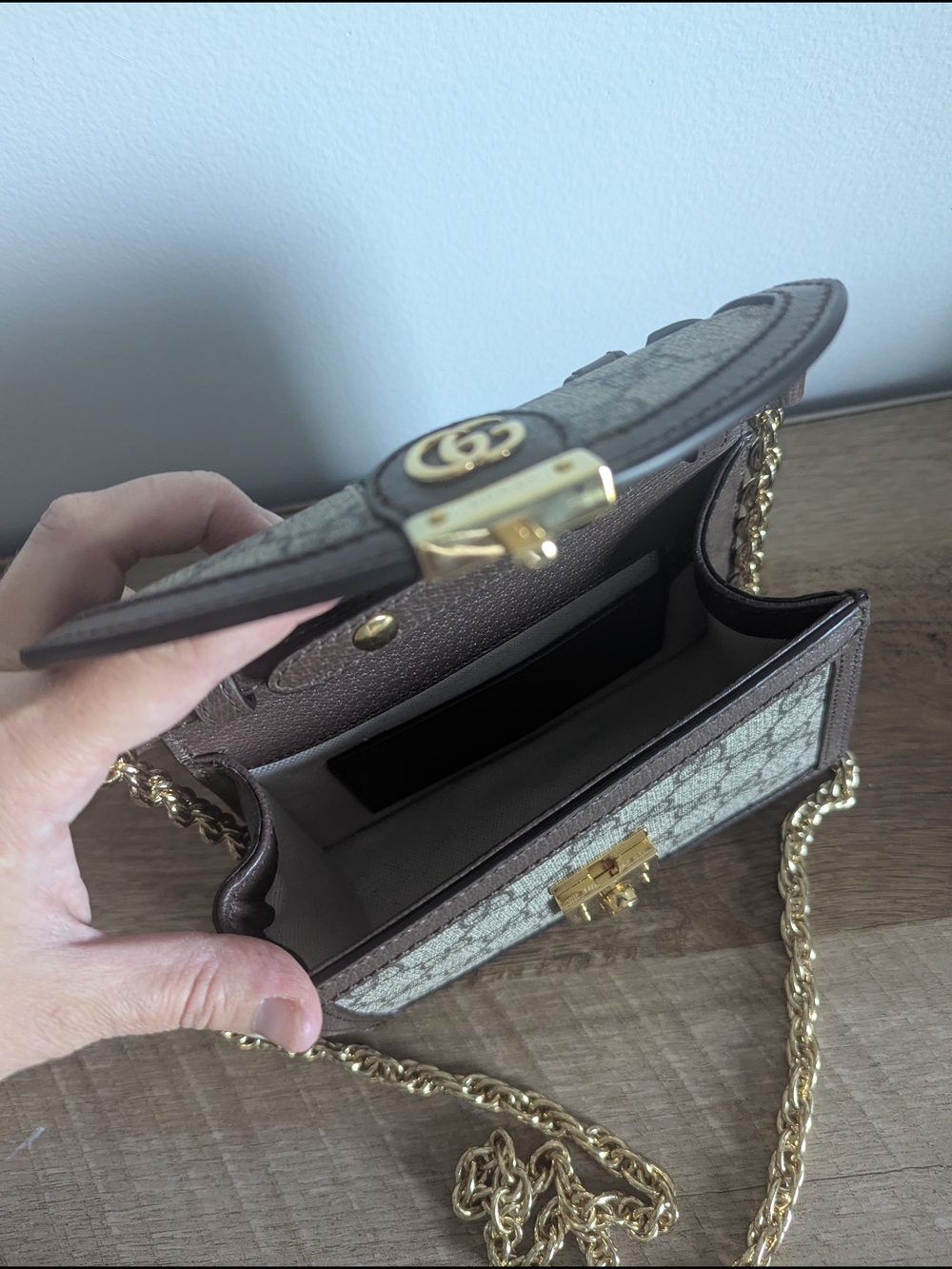 Gucci GG Ophidia Top Handle Mini Chain Shoulder Bag in Beige/Green/Red - Picture 6 of 16